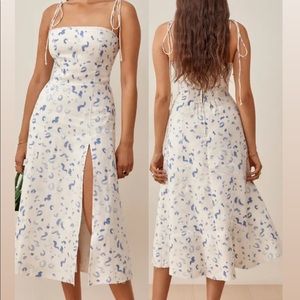 Liesel Linen Dress - Blue and White Leopard Print Midi linen dress